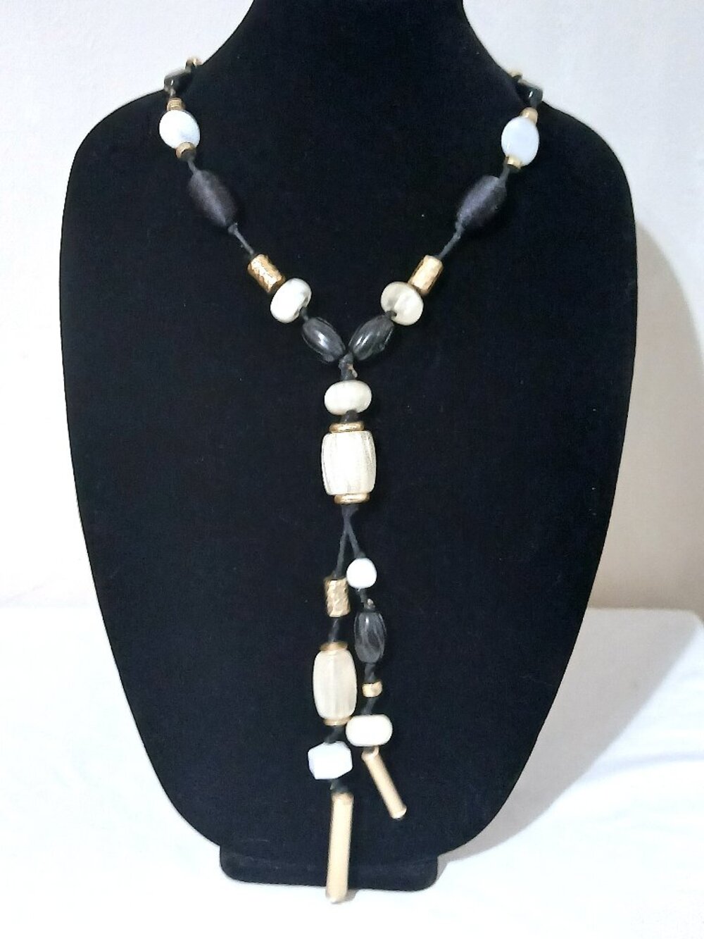 Chico's Ellen Y Necklace Black White Gold Tone Beaded Tassel Statement Necklace
